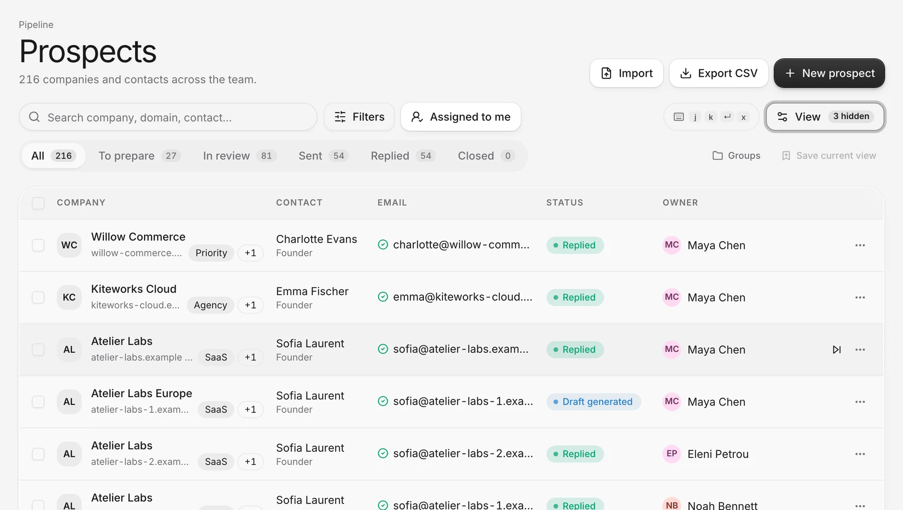 Reach-book.com prospect list with fictional Northstar Studio contacts, email statuses and team owners.