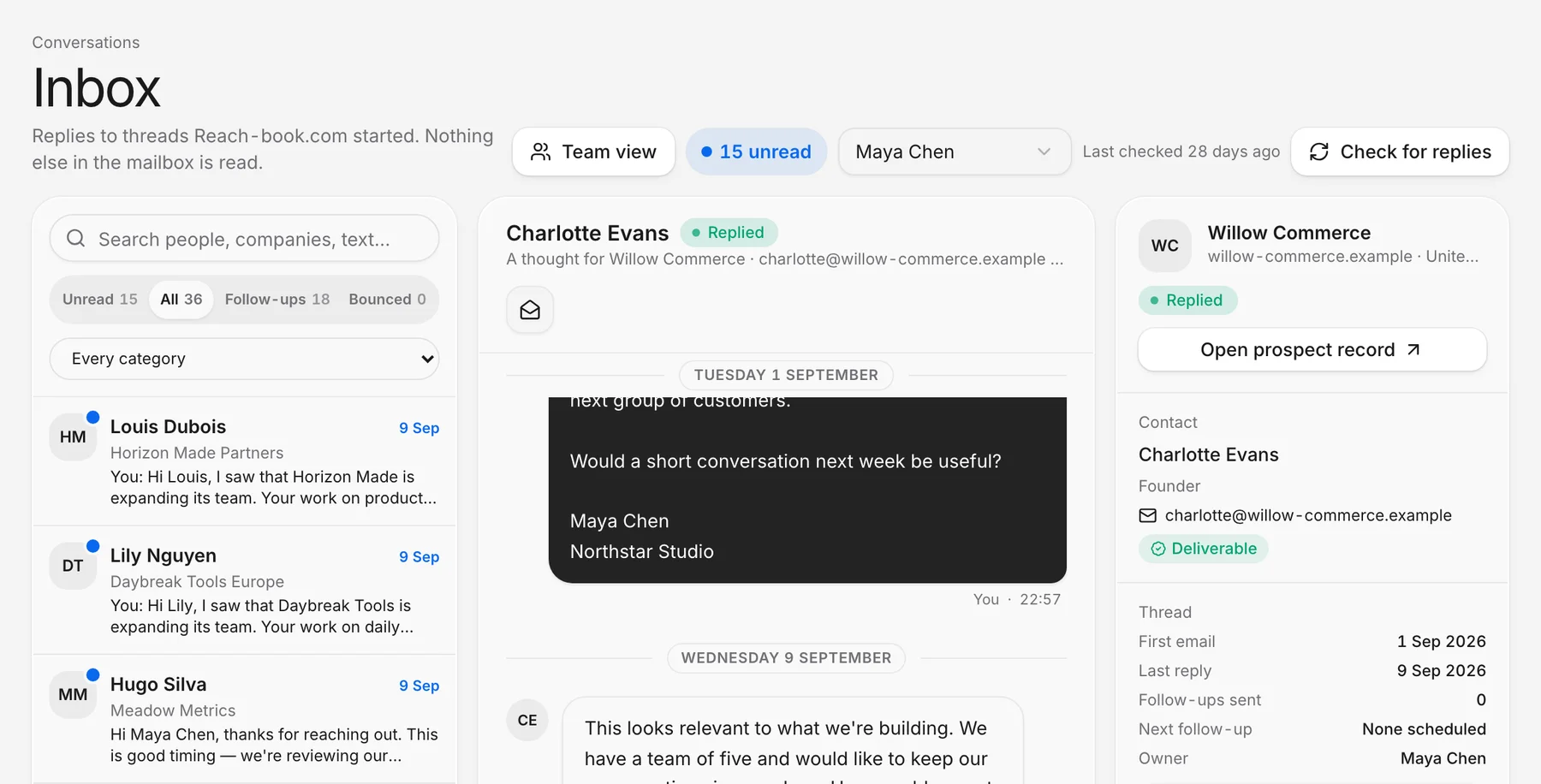 Reach-book.com Inbox showing a fictional reply from Charlotte Evans, the conversation history and prospect details.