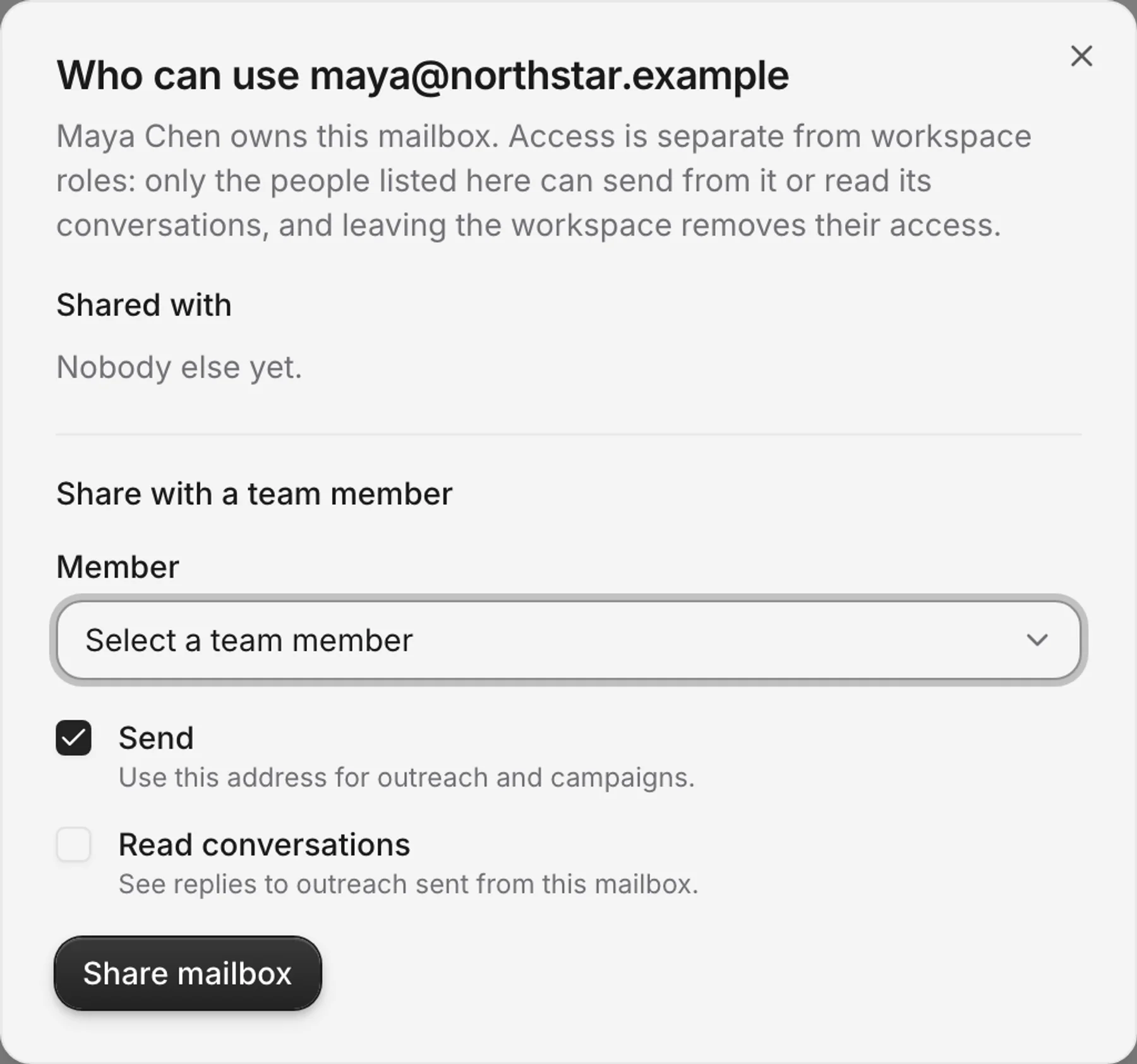 The real mailbox access dialog for Maya at Northstar Studio, showing separate Send and Read conversations permissions.