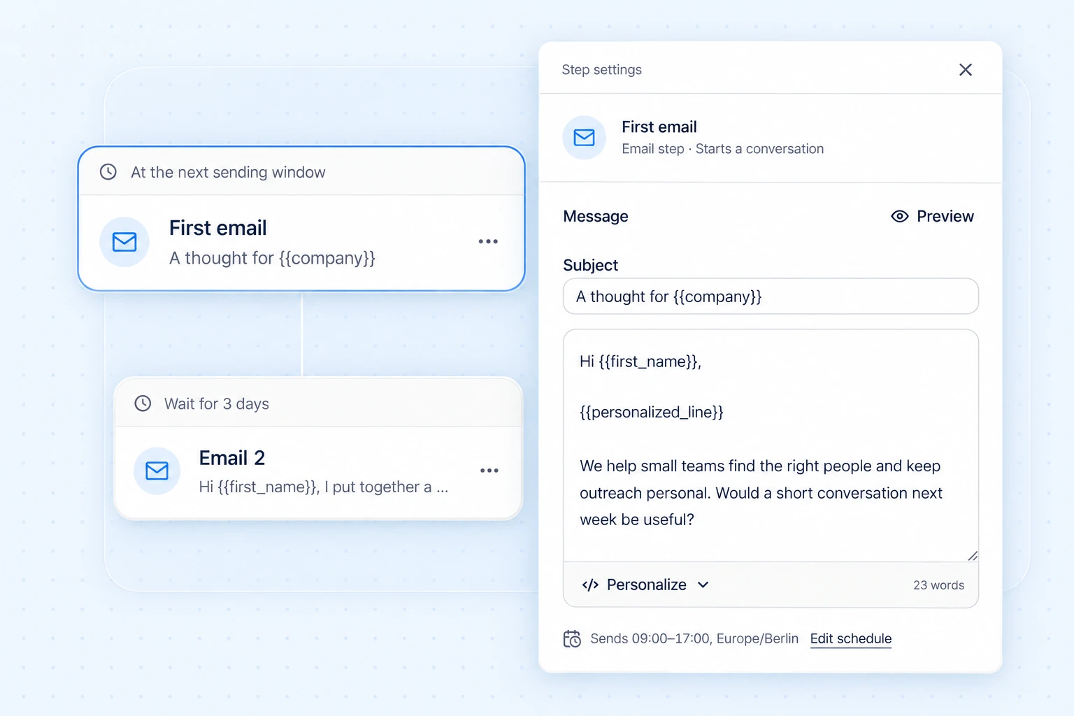 Reach-book.com campaign email steps beside the step settings editor and sending schedule