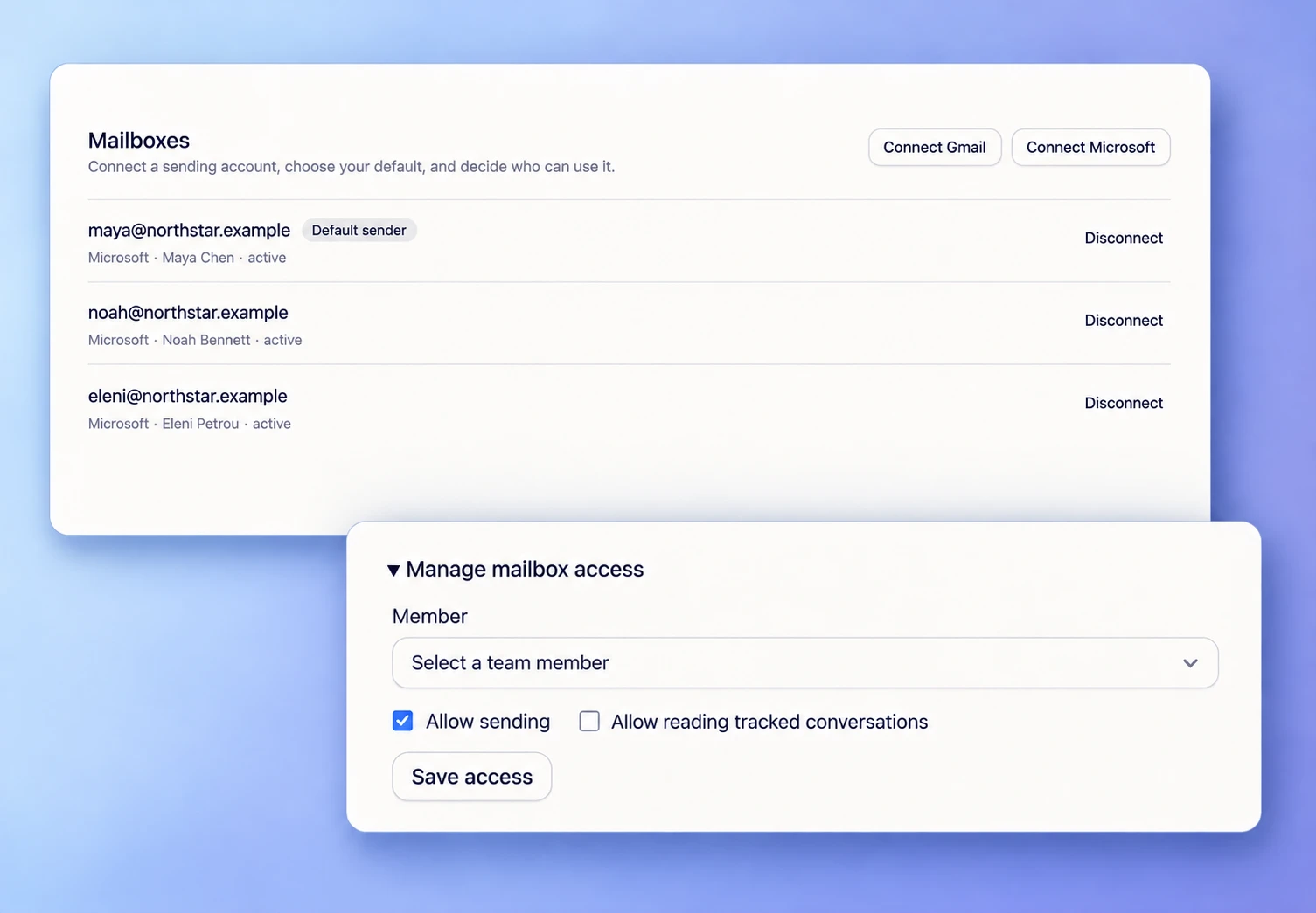 Reach-book.com mailboxes with an enlarged member selector and separate sending and reading permissions