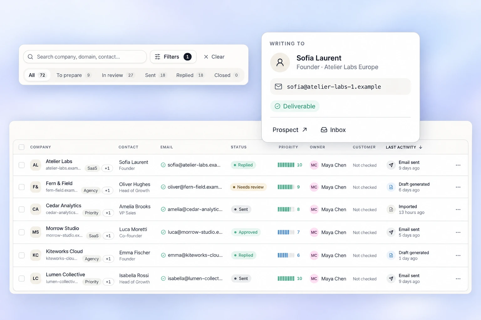 Reach-book.com prospect table with its search filters and an enlarged verified contact card