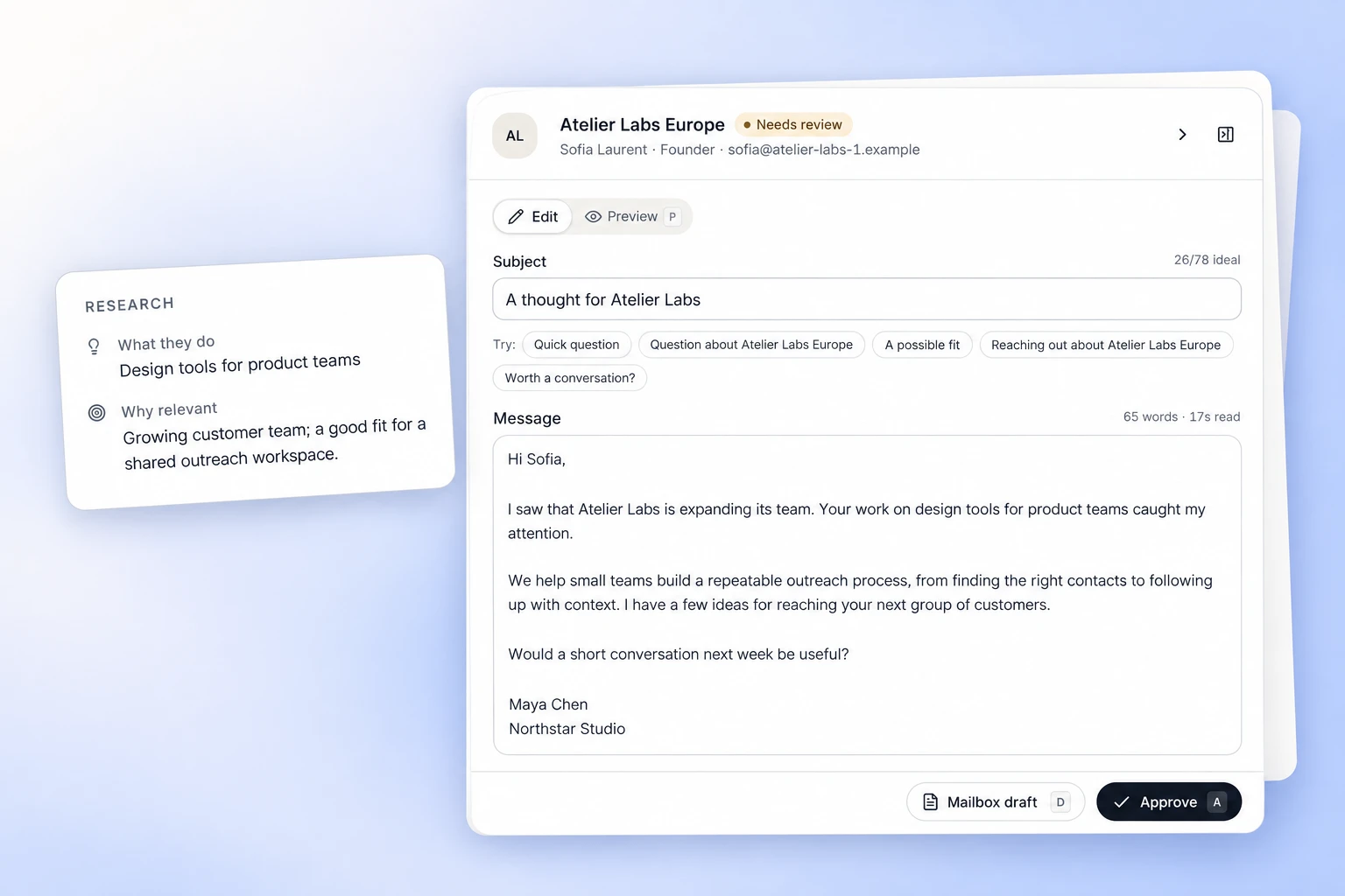 Reach-book.com email review editor with company research, subject suggestions, and its native approval controls