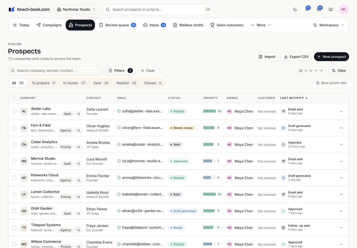 Reach-book.com prospect workspace with company research and contact details