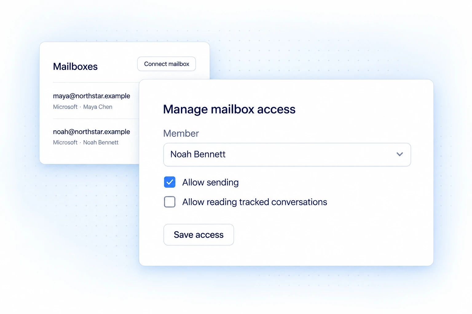 Reach-book.com mailbox access settings showing separate sending and conversation-reading permissions for Noah Bennett